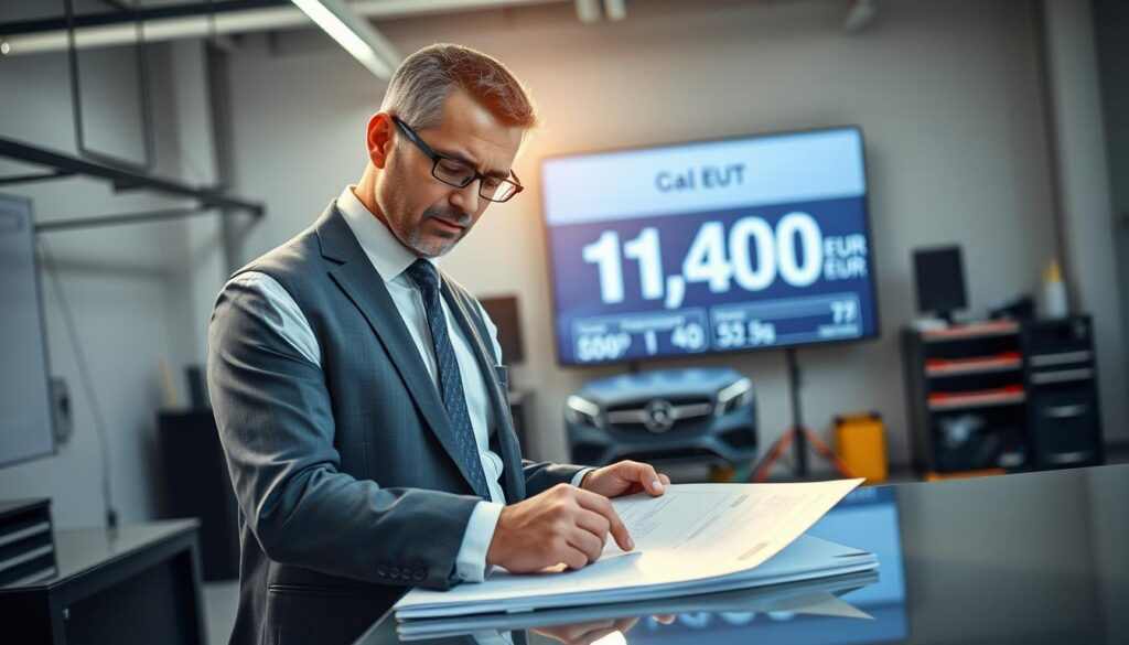 A professional automotive expert, depicted as a middle-aged Caucasian man, dressed in smart business attire, stands confidently in an office setting. In the foreground, he examines a detailed vehicle damage report on a sleek desk. The middle ground features a modern office environment, with sophisticated automotive tools and a large display screen showing precise vehicle valuations, highlighted with the figures “11,400 EUR” boldly visible. The background includes a large window casting natural light, illuminating the space with a warm glow, evoking a sense of professionalism and trust. The mood is focused and diligent, emphasizing the expertise and accuracy in vehicle assessment. The angle is slightly above eye level, allowing for a clear view of the subject and the workspace. A professional automotive expert, depicted as a middle-aged Caucasian man, dressed in smart business attire, stands confidently in an office setting. In the foreground, he examines a detailed vehicle damage report on a sleek desk. The middle ground features a modern office environment, with sophisticated automotive tools and a large display screen showing precise vehicle valuations, highlighted with the figures “11,400 EUR” boldly visible. The background includes a large window casting natural light, illuminating the space with a warm glow, evoking a sense of professionalism and trust. The mood is focused and diligent, emphasizing the expertise and accuracy in vehicle assessment. The angle is slightly above eye level, allowing for a clear view of the subject and the workspace.