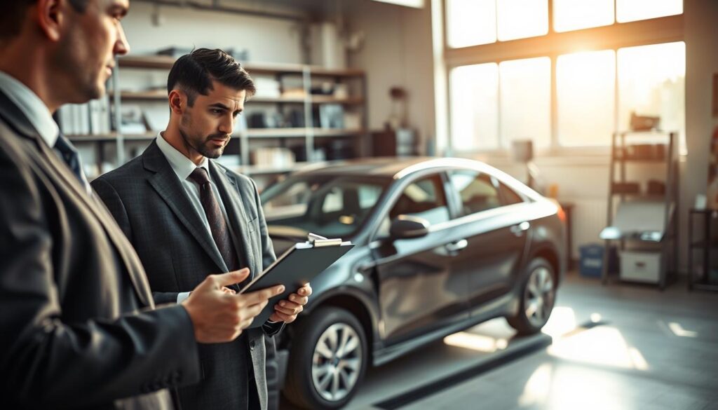 A professional automotive expert, or "rzeczoznawca," analyzing a damaged vehicle in a bright, modern office. In the foreground, the expert, dressed in a smart, tailored suit, holds a clipboard and inspects the car's bodywork with a focused expression. In the middle ground, the vehicle is a mid-size sedan with visible damage, parked under a large window allowing natural light to illuminate the scene. The background features shelves with automotive books and devices, emphasizing expertise. The atmosphere is serious yet efficient, highlighting the importance of accurate valuation in insurance. Use a soft-focus lens effect to create depth, with a warm color palette conveying professionalism and attention to detail.