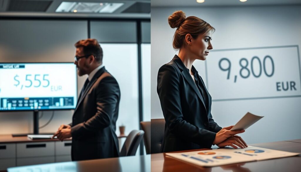 A visual comparison of two insurance evaluations: on the left, a sleek, modern office environment featuring a professional male insurance agent in business attire, analyzing financial data on a screen displaying "5,555 EUR"; on the right, contrasting this, a female insurance expert in business attire, engaged in a discussion, highlighted against a backdrop illustrating "9,800 EUR". The foreground includes a table with charts and documents illustrating customer opinions. Soft, ambient lighting creates a professional atmosphere, and the composition employs a shallow depth of field to emphasize the professionals while softly blurring the background. The overall mood reflects seriousness and negotiation, inviting the viewer to ponder the differences in valuations.