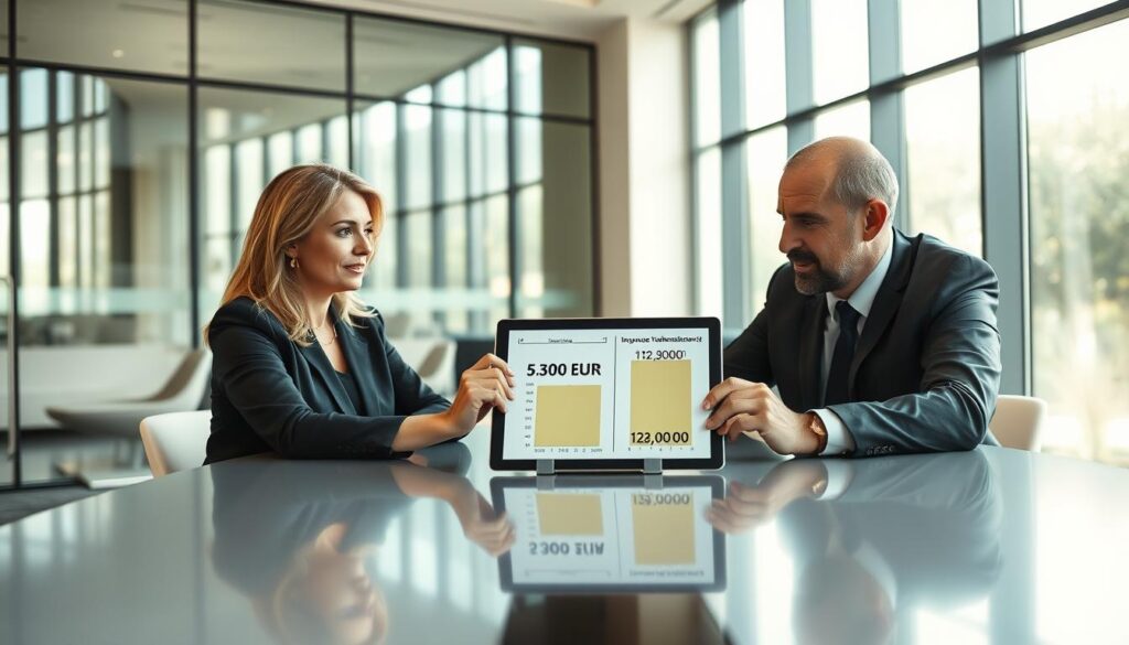 A businesswoman and businessman sitting across a sleek conference table, both engaged in a detailed discussion. The businessman is analyzing a chart on a tablet showing two contrasting insurance valuations: "5,300 EUR" and "12,000 EUR". The room is well-lit with large windows allowing natural light to filter in, creating a warm atmosphere. In the background, a modern office setting is visible with glass walls and minimalist furniture, enhancing the professional feel. The foreground focuses on the expressions of the subjects, conveying a sense of deep contemplation and decision-making. The overall composition should convey a mood of seriousness and professionalism, suitable for a business article about consumer preferences in pricing.