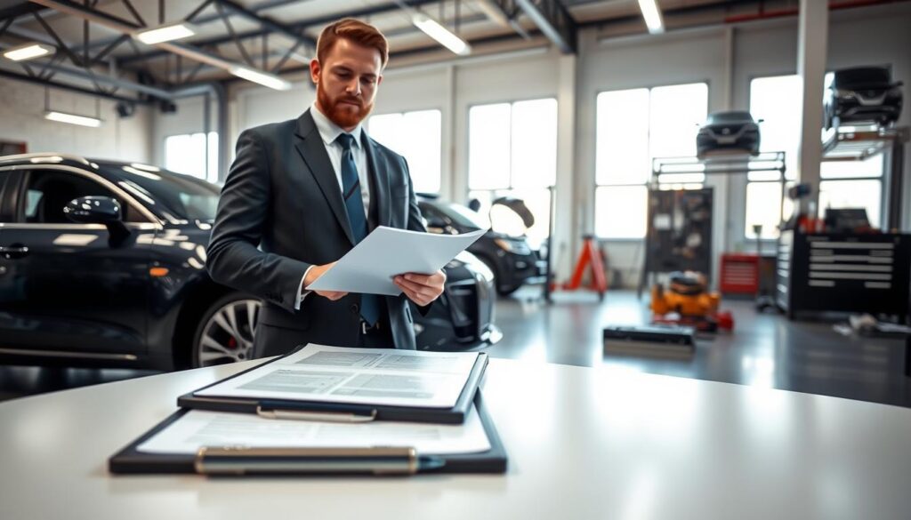 A confident automotive expert, dressed in a professional suit, stands beside a sleek, modern car, examining detailed documentation with a focused expression. In the foreground, a clipboard and a pen lie on a clean desk, highlighting the meticulous evaluation process. The middle ground showcases a dynamic automotive repair shop, featuring tools and equipment, while the backdrop reveals a spacious, well-lit office with large windows, allowing soft natural light to illuminate the scene. The atmosphere is serious yet professional, emphasizing the importance of accurate vehicle valuation. The image is framed at eye level, creating an inviting perspective for viewers. A confident automotive expert, dressed in a professional suit, stands beside a sleek, modern car, examining detailed documentation with a focused expression. In the foreground, a clipboard and a pen lie on a clean desk, highlighting the meticulous evaluation process. The middle ground showcases a dynamic automotive repair shop, featuring tools and equipment, while the backdrop reveals a spacious, well-lit office with large windows, allowing soft natural light to illuminate the scene. The atmosphere is serious yet professional, emphasizing the importance of accurate vehicle valuation. The image is framed at eye level, creating an inviting perspective for viewers.