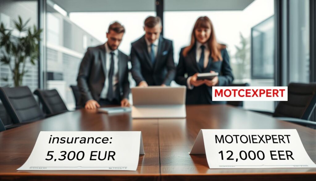 A detailed comparative scene illustrating the valuation of accident damages. In the foreground, a professional business setting with two documents side by side on a conference table, labeled "Insurance Valuation: 5,300 EUR" and "MOTOEXPERT Valuation: 12,000 EUR" without any text on the documents. In the middle ground, a diverse group of three professionals—two men and one woman—dressed in business attire, discussing the numbers seriously, using a laptop and calculator. The background features a modern office with large windows, letting in soft natural light, providing an optimistic atmosphere. The composition is framed at eye level, capturing the intensity of the discussion. The mood is analytical, with a focus on professionalism and clarity. A detailed comparative scene illustrating the valuation of accident damages. In the foreground, a professional business setting with two documents side by side on a conference table, labeled "Insurance Valuation: 5,300 EUR" and "MOTOEXPERT Valuation: 12,000 EUR" without any text on the documents. In the middle ground, a diverse group of three professionals—two men and one woman—dressed in business attire, discussing the numbers seriously, using a laptop and calculator. The background features a modern office with large windows, letting in soft natural light, providing an optimistic atmosphere. The composition is framed at eye level, capturing the intensity of the discussion. The mood is analytical, with a focus on professionalism and clarity.
