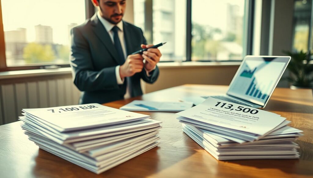 A detailed comparison of insurance valuations, featuring two stacks of documents representing the two different valuations: one labeled '7,100 EUR' and the other '13,500 EUR'. In the foreground, an analytical professional in a tailored suit examines the documents with a focused expression, holding a pen for notation. The middle-ground showcases a modern office desk with a laptop displaying graphs and charts related to insurance analysis. The background features a large window with natural light streaming in, casting soft shadows across the scene. The atmosphere is professional and analytical, conveying a sense of serious evaluation and comparison. The lighting is warm, enhancing the environment's inviting yet focused mood, captured from a slightly low angle for a dynamic perspective.