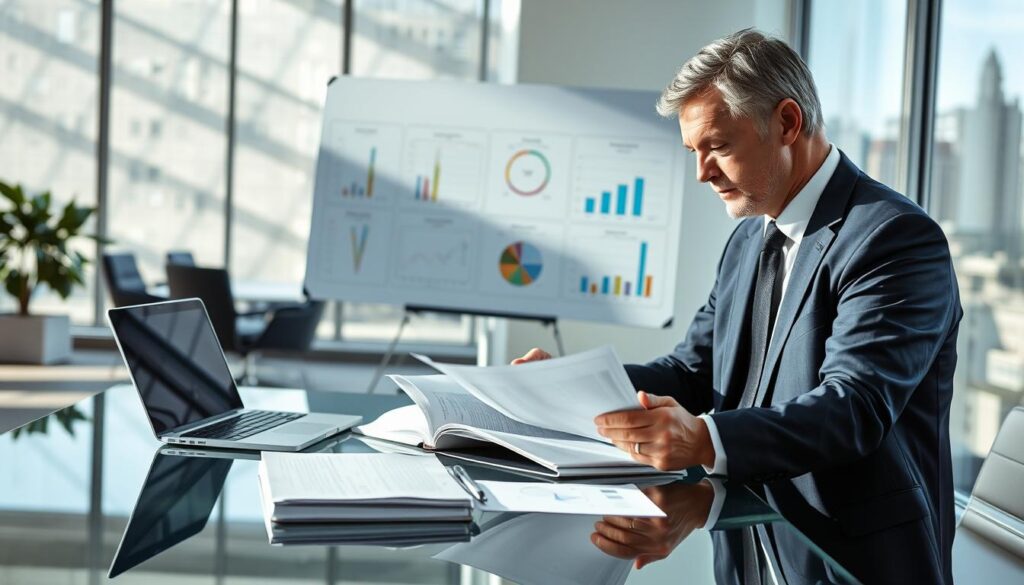 A detailed composition illustrating "vehicle valuation methods" in a professional setting. In the foreground, a well-dressed business professional, a middle-aged man, is analyzing documents on a sleek glass table, surrounded by car valuation books and a laptop. In the middle ground, a whiteboard displays various valuation charts and graphs, representing different vehicle assessment techniques, such as market comparisons and conditions analysis. The background features a modern office environment with large windows allowing natural light to pour in, casting soft shadows. The atmosphere is serious yet collaborative, highlighting expertise in vehicle valuation. The image should have a crisp focus, with a shallow depth of field to emphasize the foreground subject while gently blurring the background details, capturing a moment of professional discussion.