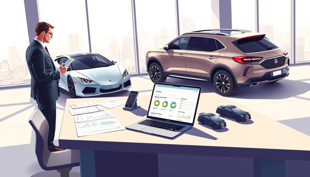 A detailed digital illustration of two cars being evaluated by professionals at a modern car valuation office. In the foreground, a business-dressed appraiser holds a tablet, analyzing data while standing beside a sleek, modern sedan and an SUV. In the middle, a large table covered with valuation documents, car models, and a laptop displaying graphs and data on car pricing methods is visible. The background features a large window allowing natural light to stream in, highlighting a bustling cityscape outside. The atmosphere is professional and focused, with sharp lighting casting soft shadows, invoking a sense of precision in the valuation process.