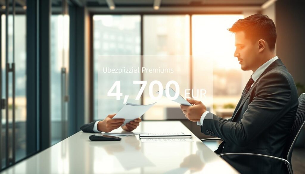 A detailed illustration contrasting car insurance premiums, focusing on "Ubezpieczyciel 4 700 EUR." In the foreground, display a professional insurance advisor seated at a sleek modern desk, reviewing documents with a thoughtful expression, dressed in smart business attire. In the middle, position a transparent digital chart or graph that visually represents the comparison between 4,700 EUR and a higher value, enhancing understanding. The background features a stylish office with large windows allowing soft, natural light to flood in, creating an inviting and professional atmosphere. Lens angle should be slightly elevated to showcase the advisor and the materials clearly, promoting a sense of analysis and professionalism while maintaining a calm and focused mood.