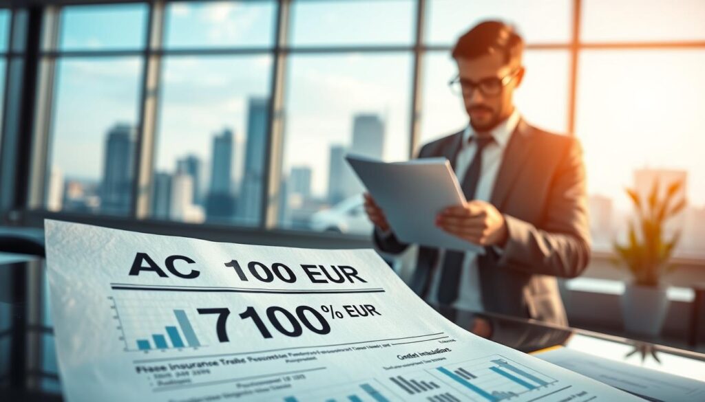 A detailed illustration depicting the concept of car insurance evaluation, specifically showcasing a document labeled "AC 7 100 EUR." In the foreground, a close-up of the insurance document, with graphs and numerical data visible, highlighting the monetary value of 7,100 EUR. In the middle ground, a professional insurance analyst, dressed in business attire, examines the document, with a focused expression. The background features a modern office environment with a large window showing a cityscape, allowing natural light to stream in, creating a bright and professional atmosphere. The overall mood is analytical and serious, emphasizing the importance of insurance evaluations. The composition should be captured with a slightly wide-angle lens to include all elements harmoniously.