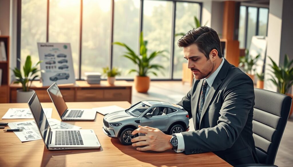A detailed illustration of a modern vehicle valuation expert's office. In the foreground, a professional-looking individual in business attire examines the MOTOEXPERT 10 model, which is displayed prominently on a desk. The model features realistic textures and details, showcasing its features effectively. The middle ground includes a well-organized workspace with valuation charts, a laptop, and automotive blueprints. In the background, large windows let in soft, natural light, creating a professional and inviting atmosphere. The color palette should be warm but sophisticated, with wood accents and a hint of greenery from potted plants. The angle should be slightly tilted, focusing on the expert and the MOTOEXPERT 10, capturing the essence of the valuation process. A detailed illustration of a modern vehicle valuation expert's office. In the foreground, a professional-looking individual in business attire examines the MOTOEXPERT 10 model, which is displayed prominently on a desk. The model features realistic textures and details, showcasing its features effectively. The middle ground includes a well-organized workspace with valuation charts, a laptop, and automotive blueprints. In the background, large windows let in soft, natural light, creating a professional and inviting atmosphere. The color palette should be warm but sophisticated, with wood accents and a hint of greenery from potted plants. The angle should be slightly tilted, focusing on the expert and the MOTOEXPERT 10, capturing the essence of the valuation process.