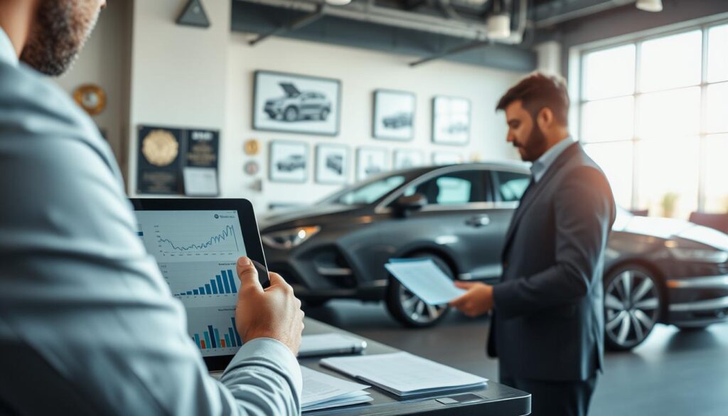 A detailed image of a professional car appraisal process in an office setting. In the foreground, a consultant in business attire analyzes a sleek, modern vehicle on a digital tablet, showcasing detailed graphs and valuation data. In the middle ground, a well-organized workspace features documents, a laptop displaying car evaluation software, and a large window allowing soft natural light to illuminate the scene. The background displays a polished office environment with automotive awards and framed vehicle diagrams on the walls. The atmosphere is professional and focused, conveying the importance of accurate vehicle valuations in the insurance industry. The image is bright and airy, captured from a slightly elevated angle, accentuating the details of the appraisal process.
