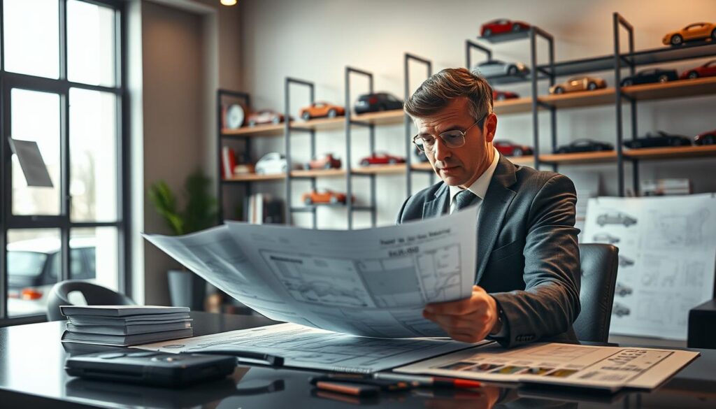A detailed scene depicting a professional automotive appraiser, the "rzeczoznawca MOTOEXPERT," analyzing vehicle values in a modern office space. The foreground features a focused appraiser in business attire, examining detailed reports on a sleek desk, surrounded by automotive blueprints and inspection tools. The middle ground includes a large window with natural light pouring in, illuminating the room and creating a warm, inviting atmosphere. In the background, shelves filled with automotive books and model cars add depth and context. The appraiser's expression conveys concentration and professionalism, highlighting the importance of accurate valuation. The image should convey a sense of diligence and expertise in the field of vehicle appraisal.