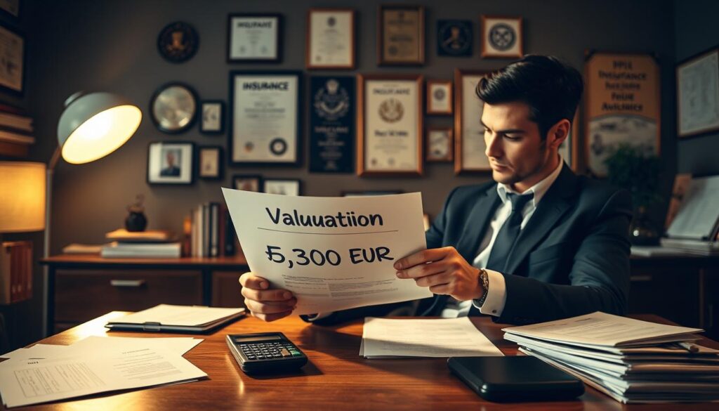 A detailed scene depicting an insurance valuation process, focusing on a professional setting. In the foreground, a business professional in smart attire examines an official document with a headline reading "Valuation 5,300 EUR," highlighting a breakdown of insurance details. In the middle ground, a wooden desk cluttered with papers, financial reports, and a calculator, set against a wall adorned with certificates and accolades that suggest expertise in insurance. The atmosphere should convey seriousness and professionalism, illuminated by warm, soft lighting that creates a welcoming yet focused environment. The angle is a slightly elevated view, allowing a clear perspective of the desk and the professional's engaged expression, indicative of an in-depth discussion on insurance valuation. No text, watermarks, or distractions should be present in the image. A detailed scene depicting an insurance valuation process, focusing on a professional setting. In the foreground, a business professional in smart attire examines an official document with a headline reading "Valuation 5,300 EUR," highlighting a breakdown of insurance details. In the middle ground, a wooden desk cluttered with papers, financial reports, and a calculator, set against a wall adorned with certificates and accolades that suggest expertise in insurance. The atmosphere should convey seriousness and professionalism, illuminated by warm, soft lighting that creates a welcoming yet focused environment. The angle is a slightly elevated view, allowing a clear perspective of the desk and the professional's engaged expression, indicative of an in-depth discussion on insurance valuation. No text, watermarks, or distractions should be present in the image.