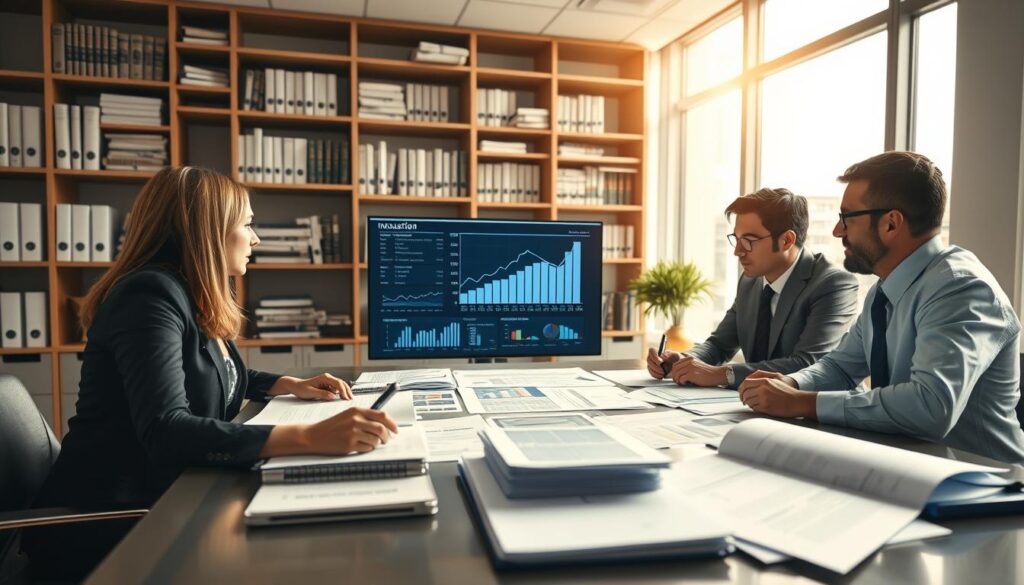 A detailed scene depicting the insurance valuation process, focused on a professional office environment. In the foreground, a diverse group of four professionals in business attire, consisting of two women and two men, are engaged in a discussion over a large table filled with documents and valuation reports. In the middle, a digital screen displays important data, such as numbers and graphs, symbolizing the valuation process. The background features shelves filled with insurance books and charts, creating an organized, corporate atmosphere. Soft, natural lighting enters through a large window, enhancing a productive mood. The camera angle is slightly elevated, capturing the intensity of their discussion and the complexity of the valuation task at hand.