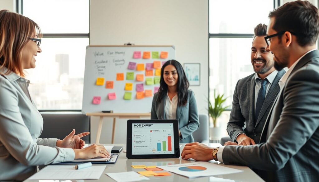 A detailed scene showcasing customer reviews of MOTOEXPERT in a professional setting. In the foreground, a diverse group of three customers in modest business attire discussing enthusiastically around a table adorned with documents and a tablet displaying a comparative analysis of insurance quotes. In the middle ground, a whiteboard filled with colorful sticky notes reflecting customer sentiments such as "Value for Money" and "Excellent Service." The background should depict a well-lit modern office environment with sleek furniture and a window showing a sunny cityscape. Use soft natural lighting to create a welcoming atmosphere, captured from a slightly elevated angle to emphasize the interaction among the customers. The overall mood should be positive and engaging, highlighting the customers' satisfaction with MOTOEXPERT.