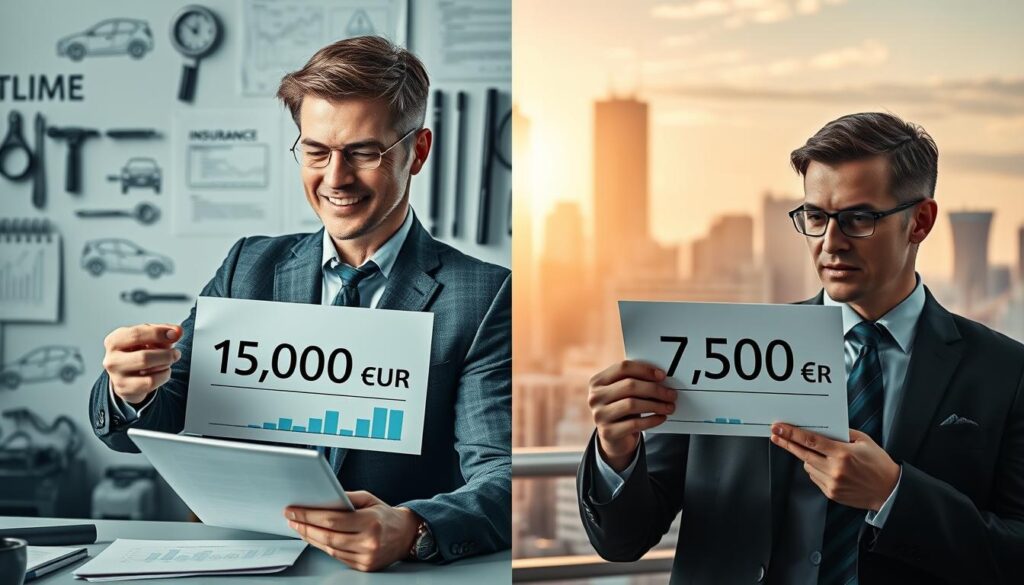 A detailed split-image comparison focusing on the valuation of MOTOEXPERT and an insurer. In the foreground, on one side, depict a professional business setting with a confident person in business attire analyzing a chart showing MOTOEXPERT's valuation of 15,000 EUR, symbolized by bright, optimistic colors, surrounded by automotive elements like car sketches or tools. On the opposite side, show a contrasting scenario with a more conservative figure, also dressed professionally, examining another chart displaying the lower valuation of 7,500 EUR from the insurer, using muted, neutral tones. In the background, blend elements representing the insurance industry, like paperwork or policy documents, with a city skyline softly illuminated by natural light, creating a professional and analytical atmosphere.