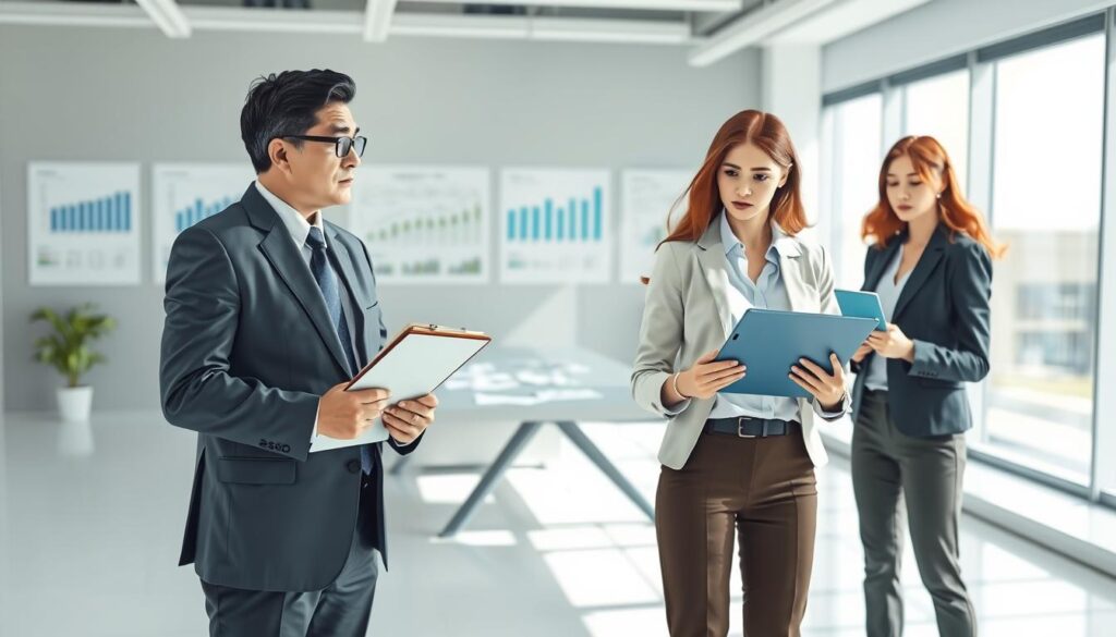 A dynamic illustration depicting a professional insurance adjuster and a vehicle appraiser in a business setting. In the foreground, the insurance adjuster, a middle-aged Asian man in a tailored suit, holds a clipboard, looking thoughtfully at the appraiser. The appraiser, a young Caucasian woman dressed in smart casual attire, stands with a tablet in hand, analyzing a car's details. In the middle ground, a modern office with charts and graphs on the walls represents the valuation process. The background features a sleek conference table strewn with documents and a large window that lets in natural light, creating a bright and professional atmosphere. The image captures a tense yet informative discussion between experts in their respective fields, highlighting the contrasts in their assessments, with an emphasis on professionalism and attention to detail. A dynamic illustration depicting a professional insurance adjuster and a vehicle appraiser in a business setting. In the foreground, the insurance adjuster, a middle-aged Asian man in a tailored suit, holds a clipboard, looking thoughtfully at the appraiser. The appraiser, a young Caucasian woman dressed in smart casual attire, stands with a tablet in hand, analyzing a car's details. In the middle ground, a modern office with charts and graphs on the walls represents the valuation process. The background features a sleek conference table strewn with documents and a large window that lets in natural light, creating a bright and professional atmosphere. The image captures a tense yet informative discussion between experts in their respective fields, highlighting the contrasts in their assessments, with an emphasis on professionalism and attention to detail.