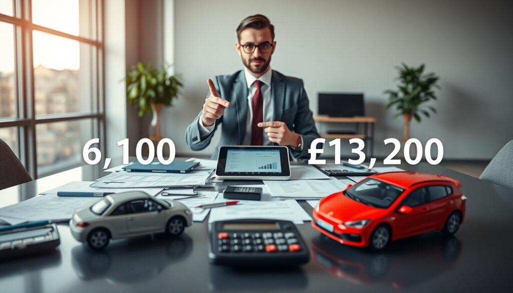 A dynamic illustration of car insurance evaluation, focusing on two contrasting figures, EUR 6,100 and EUR 13,200, displayed in a professional setting. In the foreground, a sleek, modern desk is cluttered with documents, calculators, and two car models representing the policies. In the middle, a confident insurance agent, dressed in business attire, points at a digital tablet, showcasing key differences in coverage options. The background features a large window with soft daylight streaming in, creating an inviting atmosphere. The lens of the image captures the scene from a slightly elevated angle, emphasizing the focused interaction between the agent and the paperwork. The mood is professional yet approachable, highlighting clarity and decision-making in car insurance.