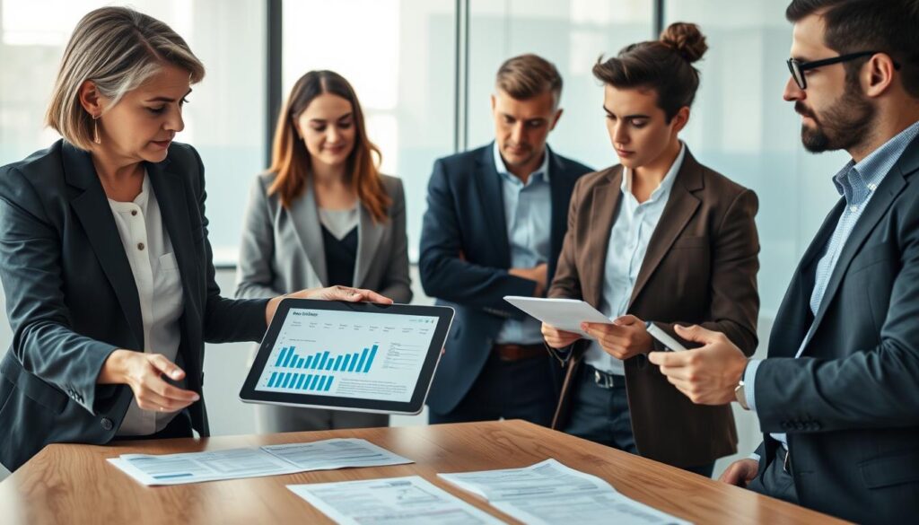 A meeting room featuring a diverse group of four professionals engaged in a discussion about a dispute resolution. In the foreground, a middle-aged woman in a tailored suit is pointing at a digital tablet displaying comparison charts, while a young man in smart casual attire listens attentively, taking notes. In the middle, two other individuals, a woman in a blazer and a man in a business shirt, are reviewing documents spread across the conference table. The background shows a large window with soft natural light pouring in, illuminating the room and casting a calm atmosphere. The scene reflects focused collaboration, with facial expressions showing determination and professionalism, capturing the essence of procedural negotiation. No text or distracting elements present.