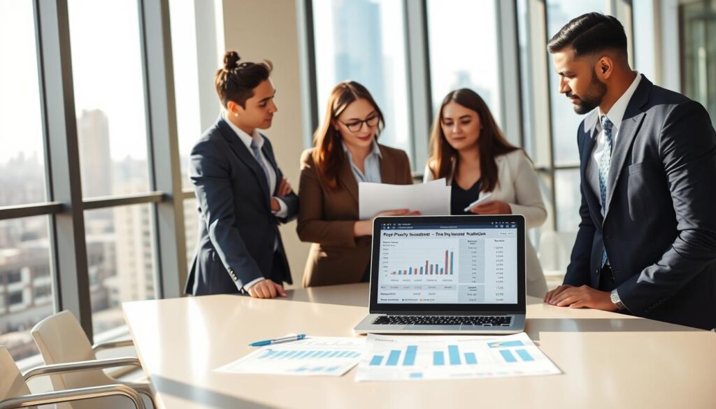 A modern office setting featuring a professional business meeting focused on property insurance recommendations. In the foreground, a diverse group of three individuals in business attire, engaged in a discussion over a financial document with charts and figures. The middle ground showcases a sleek conference table with an open laptop displaying comparison data between two insurance valuations. The background features a large window with natural light pouring in, casting soft shadows, and a city skyline visible outside. The atmosphere is collaborative and serious, reflecting the importance of informed insurance decisions. The scene should have a warm and inviting color palette, emphasizing professionalism and focus.