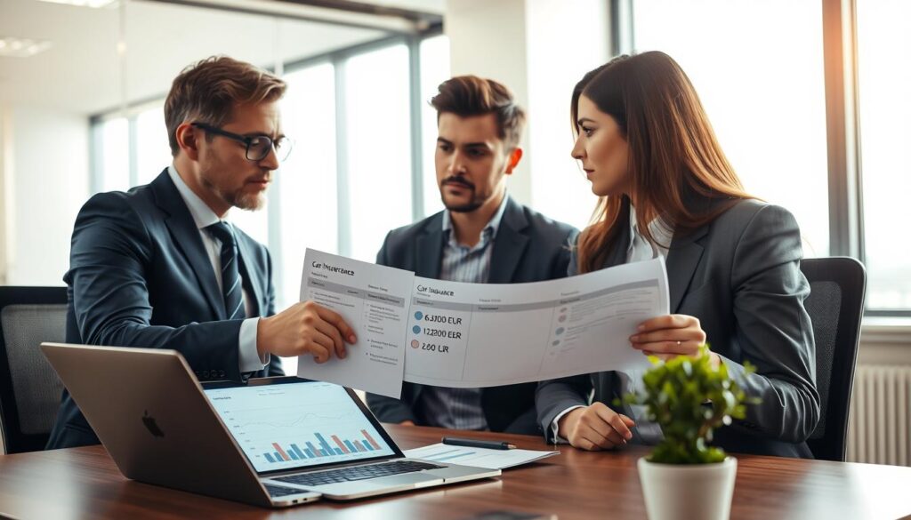 A modern office setting featuring a professional insurance agent in business attire discussing car insurance options with a client. In the foreground, the agent is pointing to a document with detailed car insurance quote figures, showcasing a comparison of 6,100 EUR and 13,200 EUR. The client, wearing smart casual clothing, looks engaged and thoughtful. In the middle background, a large window lets in soft, natural light that creates a warm atmosphere. On the desk, a laptop displays graphs related to auto insurance valuations, complemented by a potted plant for a touch of greenery. The overall mood is informative and professional, encouraging a sense of trust and clarity in financial decision-making.