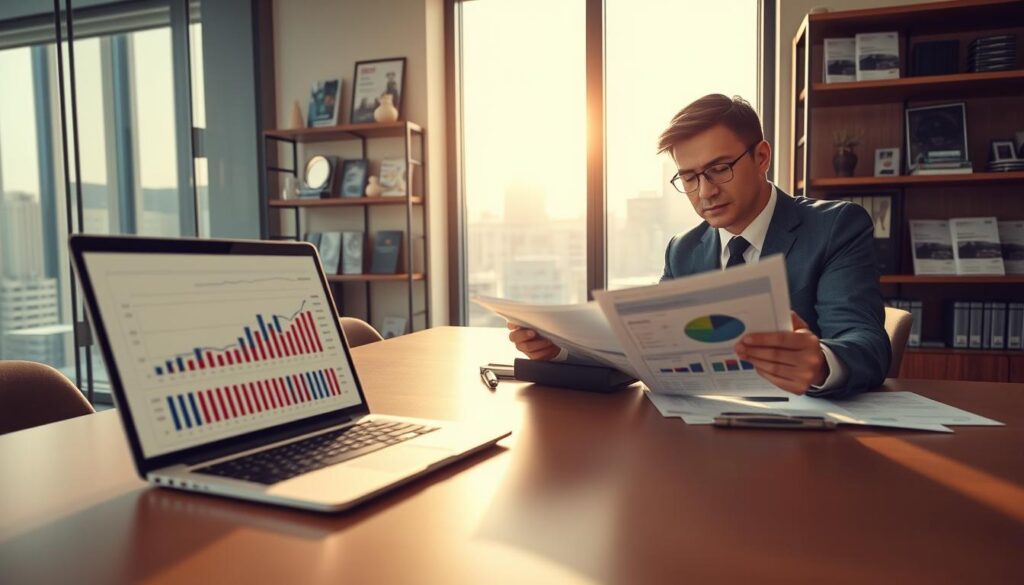 A modern office setting with a sleek desk in the foreground, showcasing a detailed laptop displaying financial charts and insurance proposals. To the side, a professional person dressed in business attire analyzes documents related to an insurance claim, their expression serious and thoughtful. In the middle ground, a large window reveals a cityscape bathed in soft morning light, enhancing the atmosphere of professionalism and urgency. In the background, shelves filled with insurance brochures and awards reflect the industry focus. The scene is warmly lit, creating an inviting yet serious mood, capturing the essence of examining insurance valuations. The angle is slightly overhead, giving a comprehensive view of the workspace while highlighting the complexity of the valuation topic.