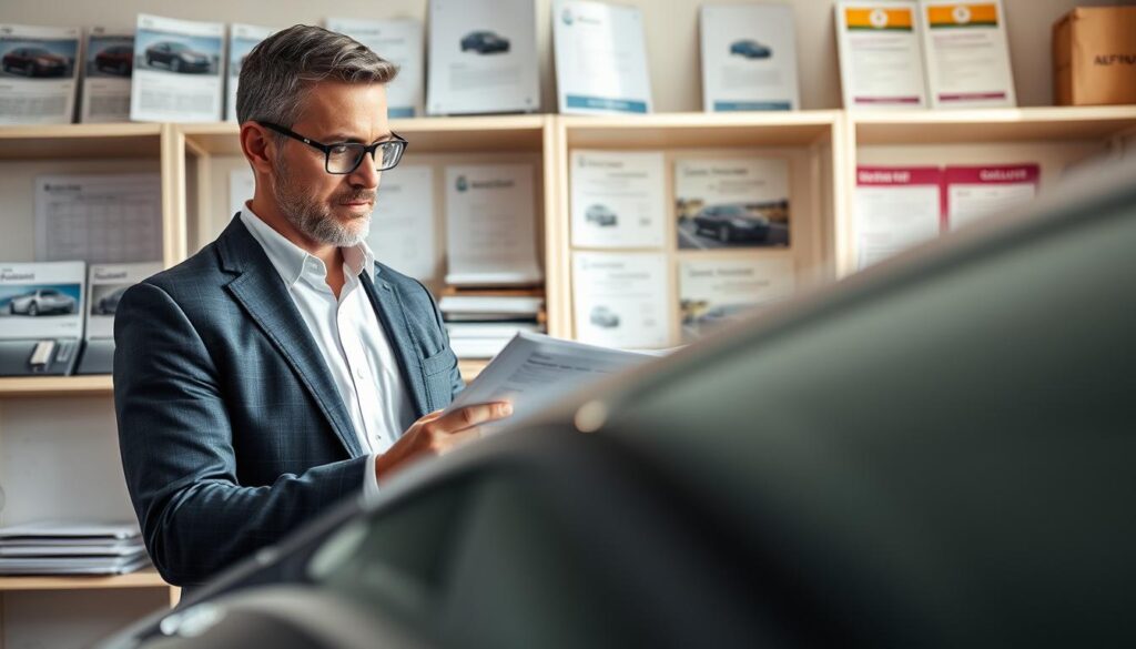 A professional automotive appraiser, wearing a smart business suit, is analyzing a car's valuation in a well-lit office environment. In the foreground, focus on the appraiser, who is reviewing detailed documents and using a laptop to compare prices. The background features shelves filled with car manuals, valuation charts, and automotive certifications. Soft, natural light filters through a window, illuminating the workspace and highlighting the appraiser's focused expression. In mid-ground, a sleek vehicle is featured, partially visible, showcasing its modern design. The overall atmosphere is one of expertise and professionalism, emphasizing the importance of accurate vehicle valuation in the insurance market.