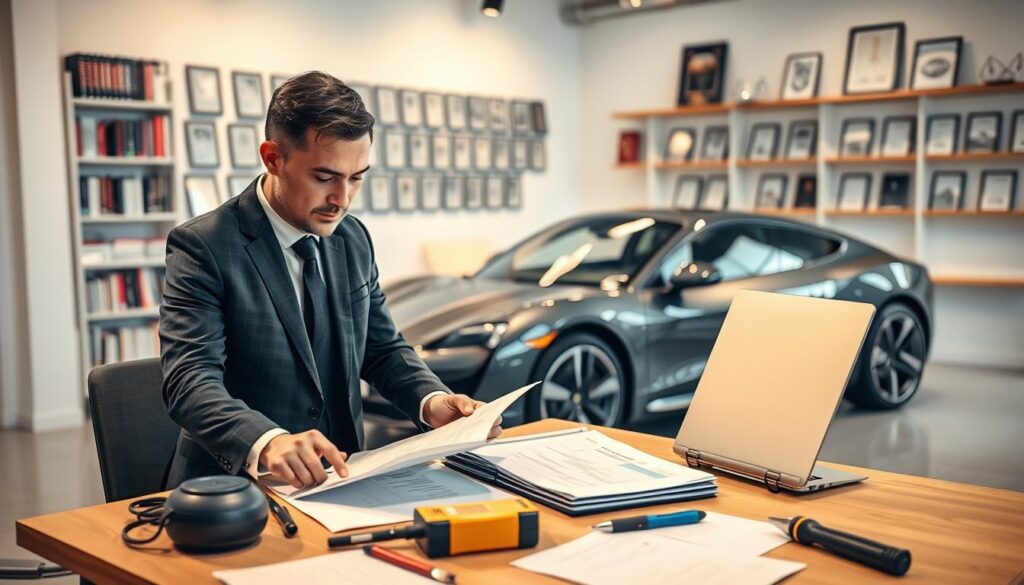 A professional automotive assessor from MOTOEXPERT inspecting a car in a well-lit office environment. In the foreground, the assessor, wearing a smart business suit, examines a detailed report on a desk filled with automotive tools and an inspection device. The middle ground features a sleek, high-end vehicle parked in the office, highlighting its modern design and vibrant color. The background shows shelves filled with automotive reference books and awards framed on the walls, creating a professional atmosphere. Soft, warm lighting illuminates the scene, casting gentle shadows to enhance depth. The mood is serious yet focused, emphasizing expertise and the analytical nature of vehicle valuation.