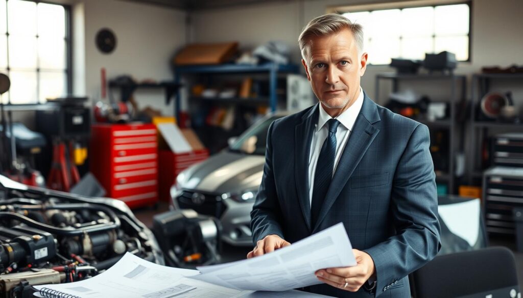 A professional automotive expert, depicted as a middle-aged Caucasian man in formal business attire, standing confidently in an office filled with automotive tools and equipment. He is examining a detailed report on a desk cluttered with vehicle parts and diagrams. The background shows a large window with natural daylight pouring in, casting soft shadows across the room. The image captures a serious yet approachable expression on the expert's face, conveying the importance of his role in damage assessment. The atmosphere is one of professionalism and expertise, highlighting the juxtaposition of accurate evaluations and the complexity of vehicle damage in a modern insurance landscape. The scene is shot from a slightly elevated angle to emphasize the depth of the workspace.