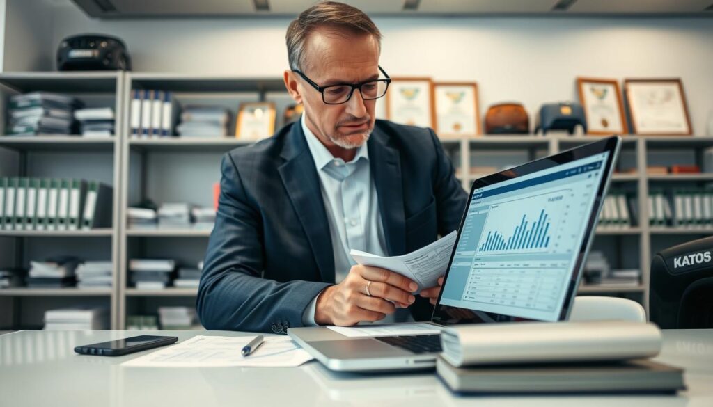 A professional automotive expert examining a detailed vehicle report in a well-lit office environment, showcasing a modern desk with a laptop displaying financial graphs and car valuation data. The expert, a middle-aged man in a tailored suit, has short hair and wears glasses, representing authority and expertise. In the background, shelves filled with automotive manuals and industry certificates add depth and context. Bright overhead lighting enhances the clarity of the scene, while a soft focus on the background emphasizes the expert's concentration on the valuation process. The overall mood is analytical and serious, reflecting the weight of the valuation comparison.