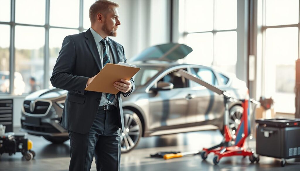 A professional automotive expert, labeled "MOTOEXPERT," stands in a well-lit office environment, evaluating a vehicle's condition with a clipboard in hand. In the foreground, the expert is dressed in smart business attire, exuding confidence and authority. The middle ground features a sleek, modern car, strategically positioned to showcase its details and condition, surrounded by various tools and equipment for vehicle assessment. In the background, large windows flood the room with natural light, casting soft shadows and creating a welcoming atmosphere. The overall mood is professional and trustworthy, emphasizing the quality of service provided by MOTOEXPERT in vehicle evaluation, with high clarity and vibrant colors, focusing on realism and professionalism.