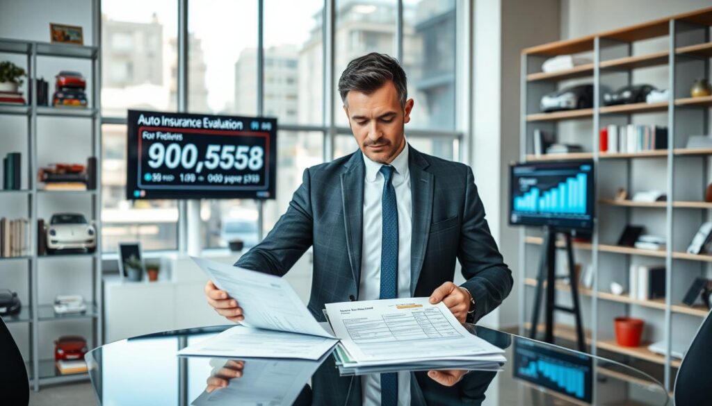 A professional automotive expert, portraying "rzeczoznawca MOTOEXPERT," stands confidently in a modern office setting, analyzing insurance documents on a sleek glass table. He is dressed in a smart business suit, radiating authority and expertise. His focused expression reflects deep concentration as he examines the contrasting values of auto insurance evaluations. In the background, large windows let in soft natural light, creating a bright and inviting atmosphere. Shelves filled with car-related books and artifacts add depth and context to the scene. A digital screen displaying car insurance statistics subtly enhances the environment without distracting from the expert. The overall mood conveys professionalism and trust in the realm of automotive insurance evaluations.