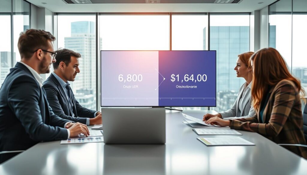 A professional business meeting setting in a sleek, modern office. In the foreground, a diverse group of four professionals, two men and two women, are engaged in a focused discussion around a conference table. They are dressed in smart business attire, examining financial documents and a laptop displaying charts of 'odszkodowanie'. The middle ground features a large screen displaying a side-by-side comparison of two financial figures, 6,800 EUR and 14,200 EUR, highlighting the analysis of costs and benefits. The background shows a large cityscape through the office windows, with natural light flooding the room, creating an atmosphere of productivity and concentration. The image should convey a sense of professionalism, analysis, and collaboration, captured in a balanced composition with a slightly angled viewpoint to emphasize the discussion.
