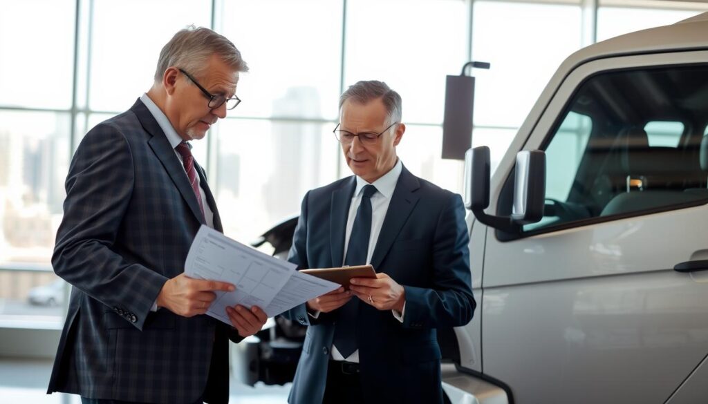 A professional business setting showcasing a well-dressed insurance adjuster evaluating a damaged vehicle. In the foreground, the adjuster, a middle-aged man in a tailored suit, examines a detailed report on a clipboard, while a large vehicle with noticeable damage is parked nearby. In the middle ground, a bright, modern office with large windows allows natural sunlight to illuminate the scene, reflecting the serene but focused atmosphere. The background features bright cityscape views through the glass, suggesting a bustling urban environment outside. Soft, diffused lighting enhances the professional mood while maintaining a clear focus on the adjuster and vehicle, captured from a slightly elevated angle to provide depth.
