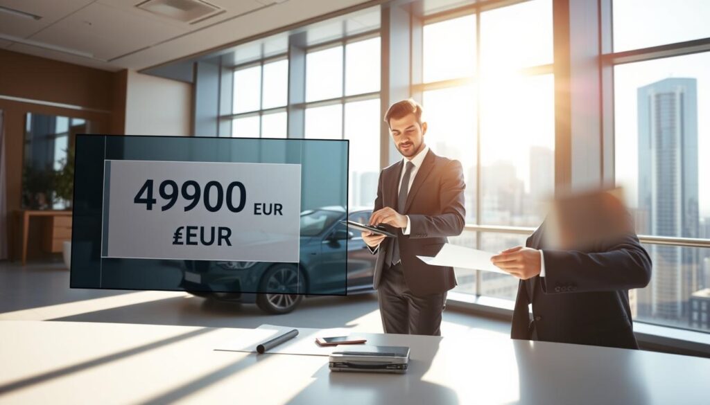 A professional illustration focusing on "automotive insurance comparison." In the foreground, depict a split-screen showing two contrasting insurance estimates: one labeled 4,900 EUR and the other 10,200 EUR, with a sleek car in between signifying the topic. In the middle ground, include a well-dressed business professional, analyzing the estimates with a thoughtful expression, holding a calculator and a notepad, surrounded by documents. The background features a modern office setting with a large window showing a cityscape, bright sunlight casting soft shadows. The mood is analytical, with a focus on clarity and professionalism. Use a wide-angle lens to capture the depth of the scene, ensuring vibrant colors and sharp details throughout.