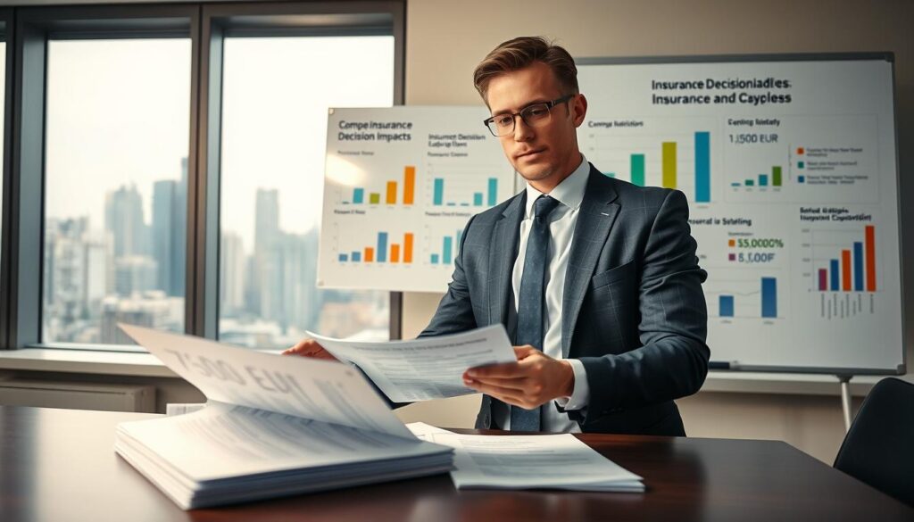 A professional insurance adjuster in a formal business suit stands confidently at a modern office desk, analyzing documents related to compensation evaluations. In the foreground, detailed papers are neatly arranged, showcasing figures like "7,500 EUR" and "15,000 EUR". The middle ground features a large window with a city skyline, hinting at the bustling financial district outside. Behind the adjuster, a whiteboard displays colorful charts comparing insurance decision impacts, complemented by soft ambient lighting that creates a focused atmosphere. The angle captures the adjuster's focused expression, reflecting determination and professionalism, conveying a mood of critical decision-making in the insurance sector.