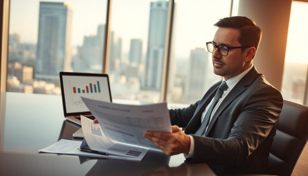 A professional insurance advisor sitting at a sleek desk in a modern office. He is wearing a tailored suit and glasses, exuding confidence and expertise. The foreground showcases the advisor reviewing a detailed insurance quote document with graphs and numbers visible. In the middle, a laptop displays comparison charts of insurance offers. The background features a large window with a cityscape view, letting in warm natural light that creates an inviting atmosphere. The mood is focused and analytical, capturing the essence of assessing an insurance offer. Use a wide-angle lens to emphasize the workspace, with soft focus on the background to keep the advisor as the focal point of the image.