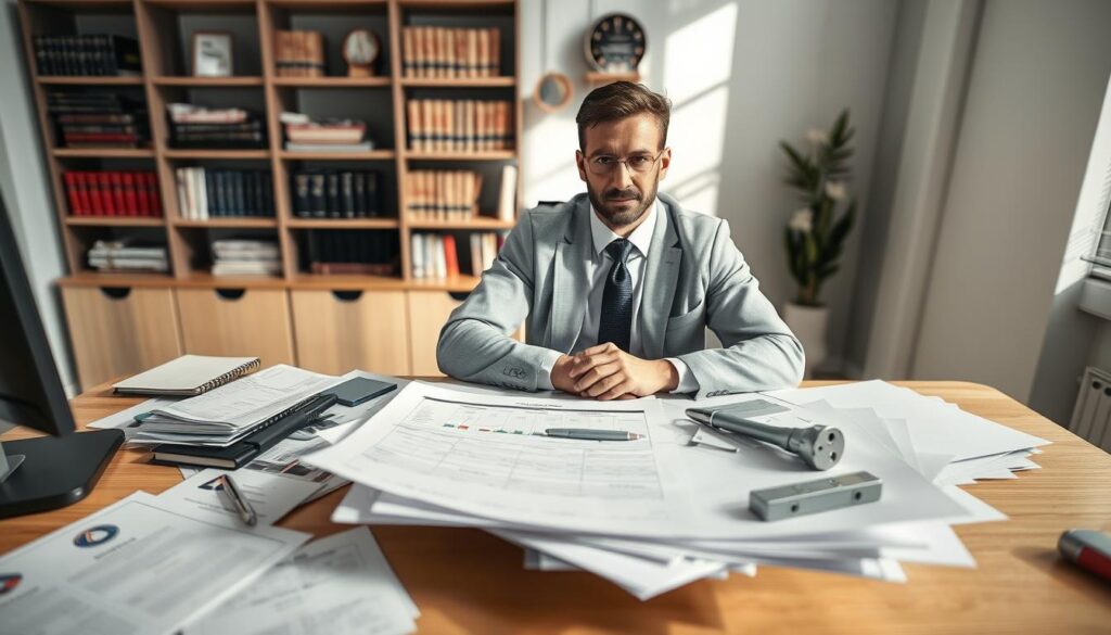 A professional insurance appraiser, dressed in smart business attire, sits at a modern desk cluttered with documents and appraisal tools. In the foreground, a focused expression captures their dedication to evaluating insurance claims. The middle ground features a detailed document spread out on the desk, displaying charts, numbers, and images of vehicles for assessment. In the background, softly blurred shelves filled with reference books and industry awards create an atmosphere of expertise and professionalism. The room is well-lit with natural sunlight filtering through a window, casting soft shadows, enhancing the serious yet inviting mood of the scene. The angle is slightly elevated, offering a clear view of the appraiser's concentration and the essential tools of their trade.