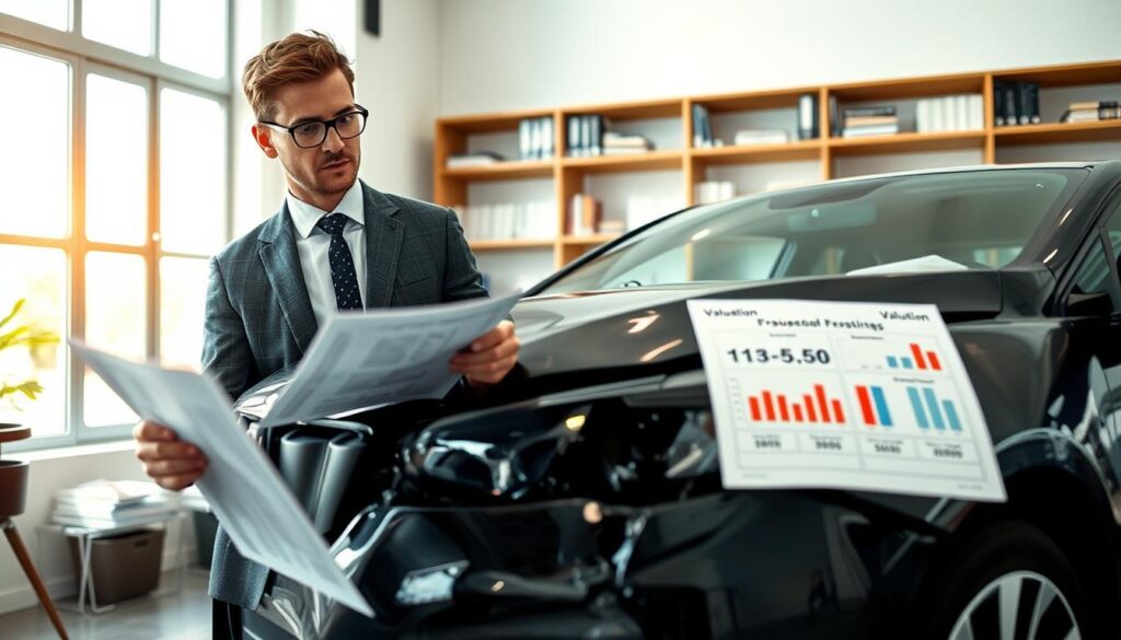 A professional insurance appraiser examining a damaged car in a well-lit office environment, showcasing a detailed report with graphs and data comparing valuation figures. In the foreground, a well-dressed male appraiser, wearing a tailored suit and glasses, is analyzing the car's damaged front end. In the middle, a sleek, slightly crumpled car with noticeable scratches and dents, illustrating the severity of the damage. The background features a modern office setup with a large window allowing natural light to illuminate the scene, and shelves filled with manuals and automotive books. The atmosphere is analytical and focused, with a sense of professionalism as the appraiser considers the financial implications of the damage assessment. The camera angle is slightly tilted for a dynamic perspective. A professional insurance appraiser examining a damaged car in a well-lit office environment, showcasing a detailed report with graphs and data comparing valuation figures. In the foreground, a well-dressed male appraiser, wearing a tailored suit and glasses, is analyzing the car's damaged front end. In the middle, a sleek, slightly crumpled car with noticeable scratches and dents, illustrating the severity of the damage. The background features a modern office setup with a large window allowing natural light to illuminate the scene, and shelves filled with manuals and automotive books. The atmosphere is analytical and focused, with a sense of professionalism as the appraiser considers the financial implications of the damage assessment. The camera angle is slightly tilted for a dynamic perspective.