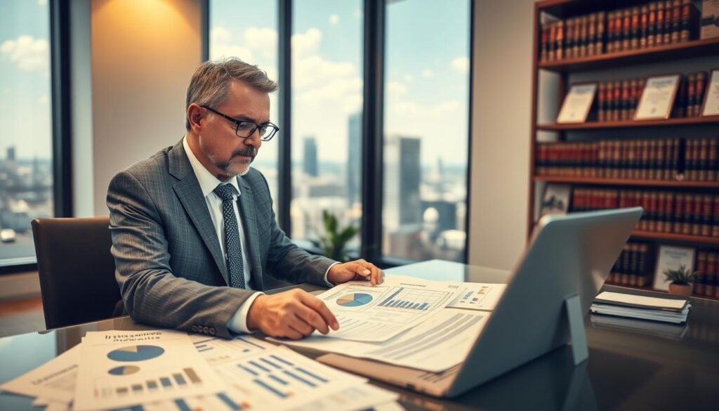 A professional insurance appraiser in a modern office setting, analyzing complex insurance documents and reports. In the foreground, the appraiser, a middle-aged man in a crisp suit and glasses, is focused on a laptop surrounded by various charts and data spreadsheets. In the middle ground, a large window reveals a cityscape with clear skies, implying a bright, productive day. The background features shelves filled with legal books and certificates, establishing a sense of expertise and authority. The lighting is soft and warm, creating a welcoming atmosphere, while a slight lens blur emphasizes the appraiser and his work, reflecting concentration and professionalism. The overall mood conveys diligence and analytical depth essential for insurance valuation.