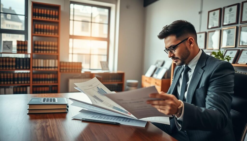 A professional insurance appraiser in a modern office setting, examining detailed reports on a sleek wooden desk. The foreground features the appraiser, wearing a formal suit, analyzing documents with a focused expression. The middle ground showcases a large window with natural light streaming in, illuminating charts and computing tools. In the background, shelves filled with legal books and framed certificates highlight expertise and credentials. The atmosphere feels industrious and focused, emphasizing the analytical nature of the appraisal process. The lighting is bright yet soft, creating a welcoming yet professional mood. The angle captures both the appraiser and the workspace, symbolizing competence and trust in valuations without any text or logos.