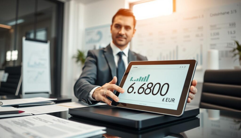 A professional insurance office scene depicting a representative discussing a valuation of 6,800 EUR. In the foreground, a confident insurance agent, dressed in a tailored suit and tie, gestures towards a digital tablet displaying graphs and figures related to the valuation. The agent is surrounded by paperwork and a sleek black desk. In the middle ground, a blurred whiteboard filled with financial figures, charts, and notes. The background features modern office decor, including a large window with natural light streaming in, creating a bright and professional atmosphere. The overall mood is serious and focused, emphasizing trust and expertise in the insurance field. Capture this scene with a soft focus lens, emphasizing clarity on the agent and tablet while softly blurring the background.