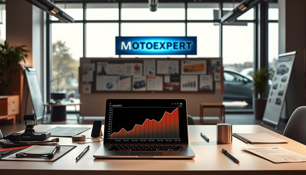 A professional landscape showcasing a detailed office environment dedicated to automotive expertise. In the foreground, a modern desk is set up with a sleek laptop displaying a graph of vehicle valuation, surrounded by automotive assessment tools like measuring devices and reports. In the middle ground, a large bulletin board displays the MOTOEXPERT logo prominently, along with certification documents and charts. The background features large windows allowing natural light to flood the room, offering a glimpse of a vehicle inspection area outside. Use warm, professional lighting to create an inviting atmosphere. The image should convey a sense of professionalism and expertise in the automotive field, emphasizing the significance of the MOTOEXPERT valuation of 13,200 EUR.