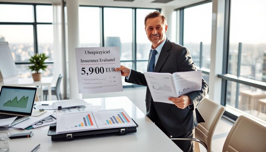 A professional office environment showcasing a confident insurance agent presenting a detailed financial report labeled "Ubezpieczyciel 5 900 EUR." In the foreground, the agent, a middle-aged individual in a tailored business suit, stands beside a large desk cluttered with financial documents and a laptop displaying graphs. The middle ground features a modern conference table with a few more financial reports visually emphasizing key figures, contrasting the two insurance evaluations. The background reveals a bright, well-lit office with large windows, casting soft natural light across the scene, and a cityscape visible outside. The mood is focused and analytical, conveying professionalism and clarity in the discussion of insurance valuation.