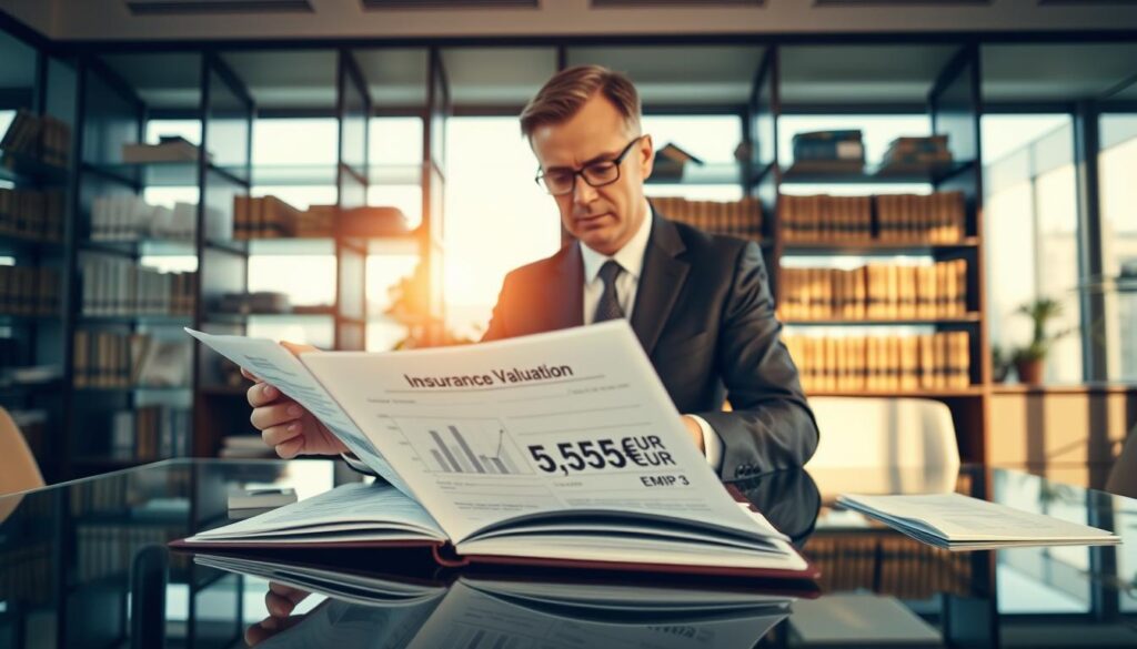 A professional office environment showcasing an insurance appraisal setting. In the foreground, a well-dressed insurance broker, a middle-aged Caucasian man in a tailored suit, is reviewing documents at a sleek glass desk, with a focused expression. In the middle, a detailed open folder titled ‘Insurance Valuation’ displays numbers and graphs, highlighting the figure of 5,555 EUR prominently. In the background, soft-focus shelves filled with legal books and paperwork create a sense of professionalism. The lighting is warm and inviting, with sunlight filtering through large windows, creating a thoughtful atmosphere. The camera angle is slightly elevated, capturing the scene in a wide shot for clarity and depth.