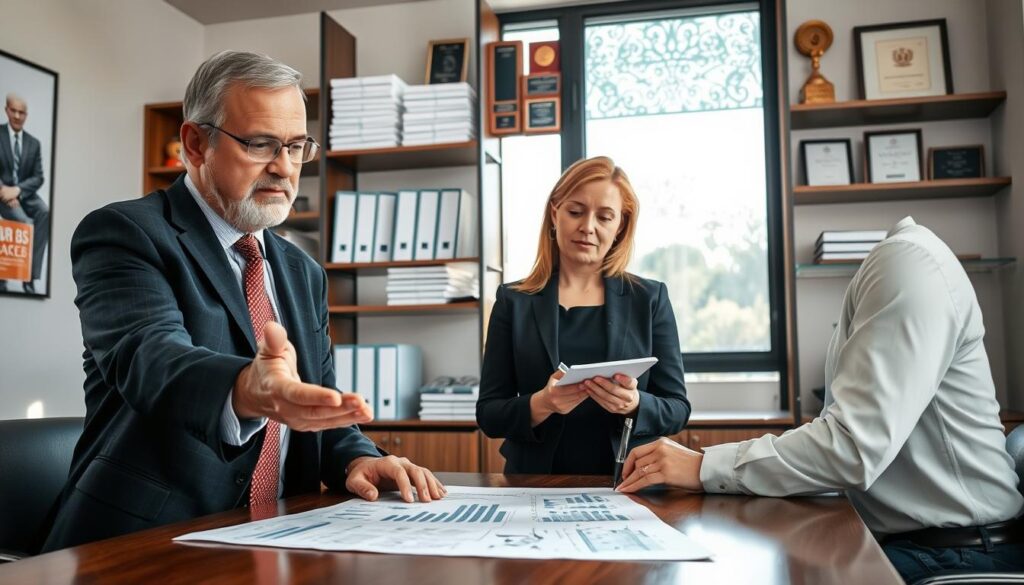 A professional office setting depicting a consultation between a claims adjuster and a client. In the foreground, a middle-aged man in a smart business suit gestures towards a detailed accident report on the table, showing charts and numbers. The claims adjuster, a woman in professional attire, is listening attentively, taking notes. In the middle ground, a large window reveals a sunny day outside, adding warmth to the scene. The background features shelves filled with insurance documents and awards, highlighting the expertise of the professionals. The lighting is soft and natural, giving the room a welcoming atmosphere. The overall mood conveys trust, professionalism, and a sense of guidance through the post-valuation process. A professional office setting depicting a consultation between a claims adjuster and a client. In the foreground, a middle-aged man in a smart business suit gestures towards a detailed accident report on the table, showing charts and numbers. The claims adjuster, a woman in professional attire, is listening attentively, taking notes. In the middle ground, a large window reveals a sunny day outside, adding warmth to the scene. The background features shelves filled with insurance documents and awards, highlighting the expertise of the professionals. The lighting is soft and natural, giving the room a welcoming atmosphere. The overall mood conveys trust, professionalism, and a sense of guidance through the post-valuation process.