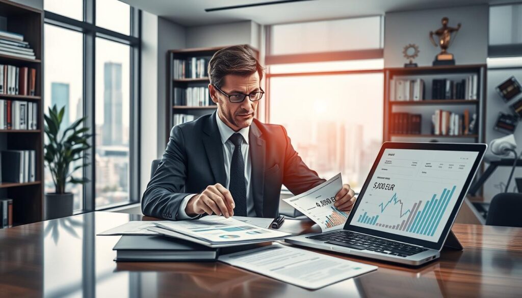 A professional office setting depicting an abstract interpretation of insurance valuation, featuring a sleek desk with documents and a laptop open displaying graphs and numbers. In the foreground, an attentive insurance agent in professional business attire is reviewing papers, highlighting key figures such as "4,900 EUR" and "10,200 EUR". In the middle ground, a large window shows a city skyline, suggesting a corporate environment, while soft natural light filters in, creating a warm and inviting atmosphere. The background features bookshelves filled with financial literature and a modern awards display, emphasizing credibility and expertise in insurance valuation. The overall mood is focused and analytical, conveying the seriousness of the valuation criteria. A professional office setting depicting an abstract interpretation of insurance valuation, featuring a sleek desk with documents and a laptop open displaying graphs and numbers. In the foreground, an attentive insurance agent in professional business attire is reviewing papers, highlighting key figures such as "4,900 EUR" and "10,200 EUR". In the middle ground, a large window shows a city skyline, suggesting a corporate environment, while soft natural light filters in, creating a warm and inviting atmosphere. The background features bookshelves filled with financial literature and a modern awards display, emphasizing credibility and expertise in insurance valuation. The overall mood is focused and analytical, conveying the seriousness of the valuation criteria.