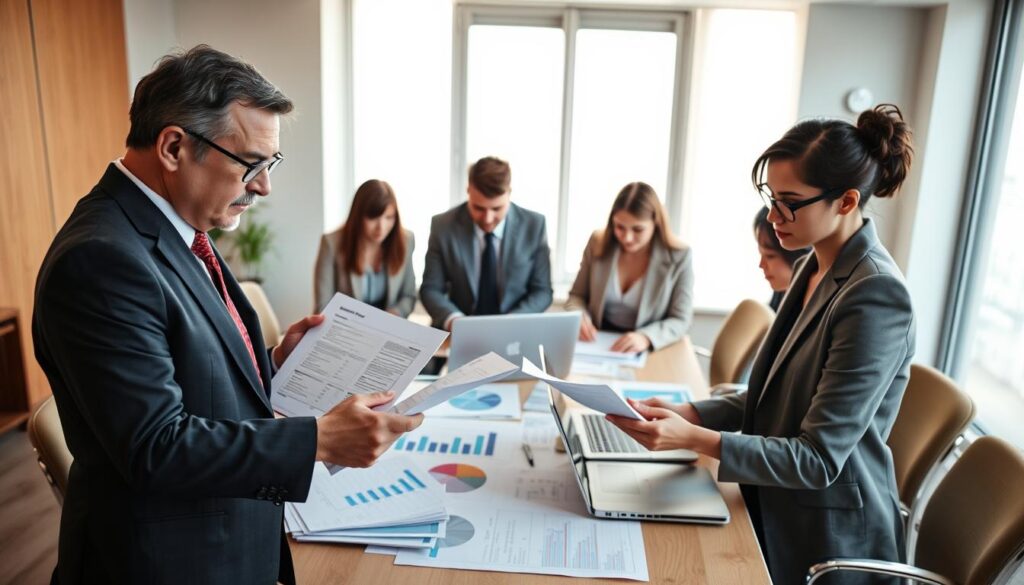 A professional office setting featuring a diverse group of individuals engaged in a valuation preparation meeting. In the foreground, a middle-aged man in a tailored suit is reviewing documents with a focused expression, while a young woman in a smart blazer prepares notes on a laptop, showcasing collaboration. In the middle ground, a large table is covered with charts, financial reports, and laptops, emphasizing the importance of thorough preparation. The background reveals a large window with soft, natural lighting flooding the room, creating a warm, productive atmosphere. The scene captures a sense of urgency and professionalism, with the participants deep in discussion, reflecting the mood of serious preparation for a significant valuation process.