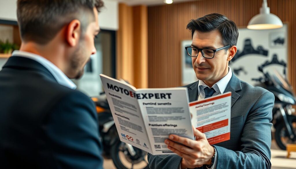 A professional setting featuring a confident insurance agent in business attire, discussing motorcycle insurance benefits with a client. The agent, a middle-aged man with short dark hair, is showing a detailed brochure titled "MOTOEXPERT" highlighting premium offerings. In the background, a sleek motorcycle is displayed, symbolizing quality and security. Soft, natural lighting illuminates the scene, creating a warm and inviting atmosphere. The foreground focuses on the interaction between the agent and client, whose expressions convey engagement and trust. The setting is a modern office with a contemporary design, featuring warm wood tones and subtle decor, emphasizing professionalism and reliability.