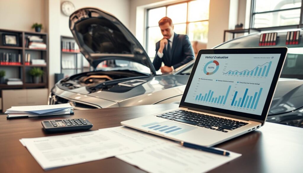 A professional setting featuring a detailed vehicle evaluation workspace. In the foreground, a sophisticated desk with financial documents, a calculator, and a laptop, displaying graphs and charts related to vehicle valuation. In the middle, a close-up of a car's hood, emphasizing the vehicle's features and condition, while an expert appraiser, dressed in smart business attire, inspects it thoughtfully. The background includes a well-lit office environment with shelves filled with auto industry books and a large window allowing natural light to illuminate the scene. The mood is focused and analytical, conveying a sense of professionalism and thoroughness in preparing for a vehicle valuation.
