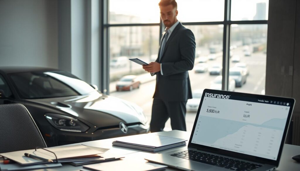 A professional vehicle appraisal scene set in a bright, well-lit office environment. In the foreground, a confident insurance adjuster in a tailored suit examines a sleek, modern car, a notepad in hand, highlighted by natural sunlight filtering through a nearby window, casting soft reflections. The middle ground features a large desk cluttered with paperwork and a laptop displaying a vehicle valuation report, emphasizing the contrast between the evaluator's estimate of 5,900 EUR and an alternative figure of 11,800 EUR. In the background, a large window reveals a view of a busy city street, with a faint skyline visible. The mood is focused and analytical, conveying a sense of professionalism and precision in the appraisal process, with high-detail realism and a composition balanced for clarity and impact.