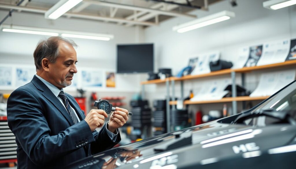 A professional vehicle appraiser, known as MOTOEXPERT, is inspecting a car in a bright, well-lit garage filled with tools and technical diagrams. In the foreground, the appraiser, wearing a smart business suit, examines the vehicle's hood with a precise measuring tool, showcasing attention to detail and expertise. In the middle ground, an array of automotive equipment is visible, emphasizing a high-tech environment. In the background, shelves lined with automotive manuals and inspection equipment create a sense of depth and professionalism. The lighting is natural, streaming in from overhead fluorescent lights, casting a clean and focused ambiance on the scene. The overall mood is one of diligence and professionalism, capturing the essence of the appraisal process.